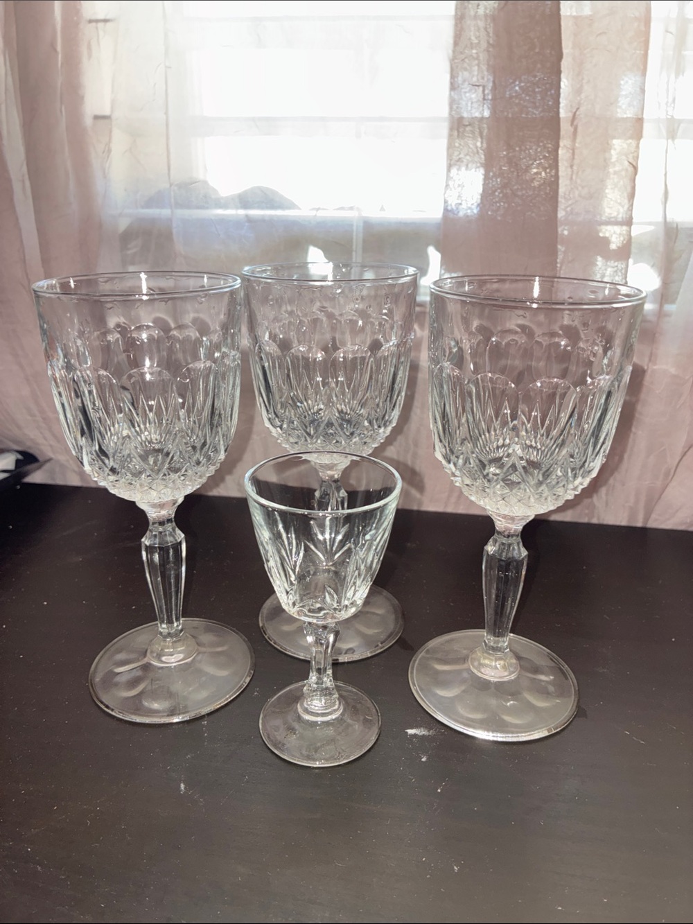 3 Crystal Cut Glass Wine and Cordial Set Goblets 1 mini Clear